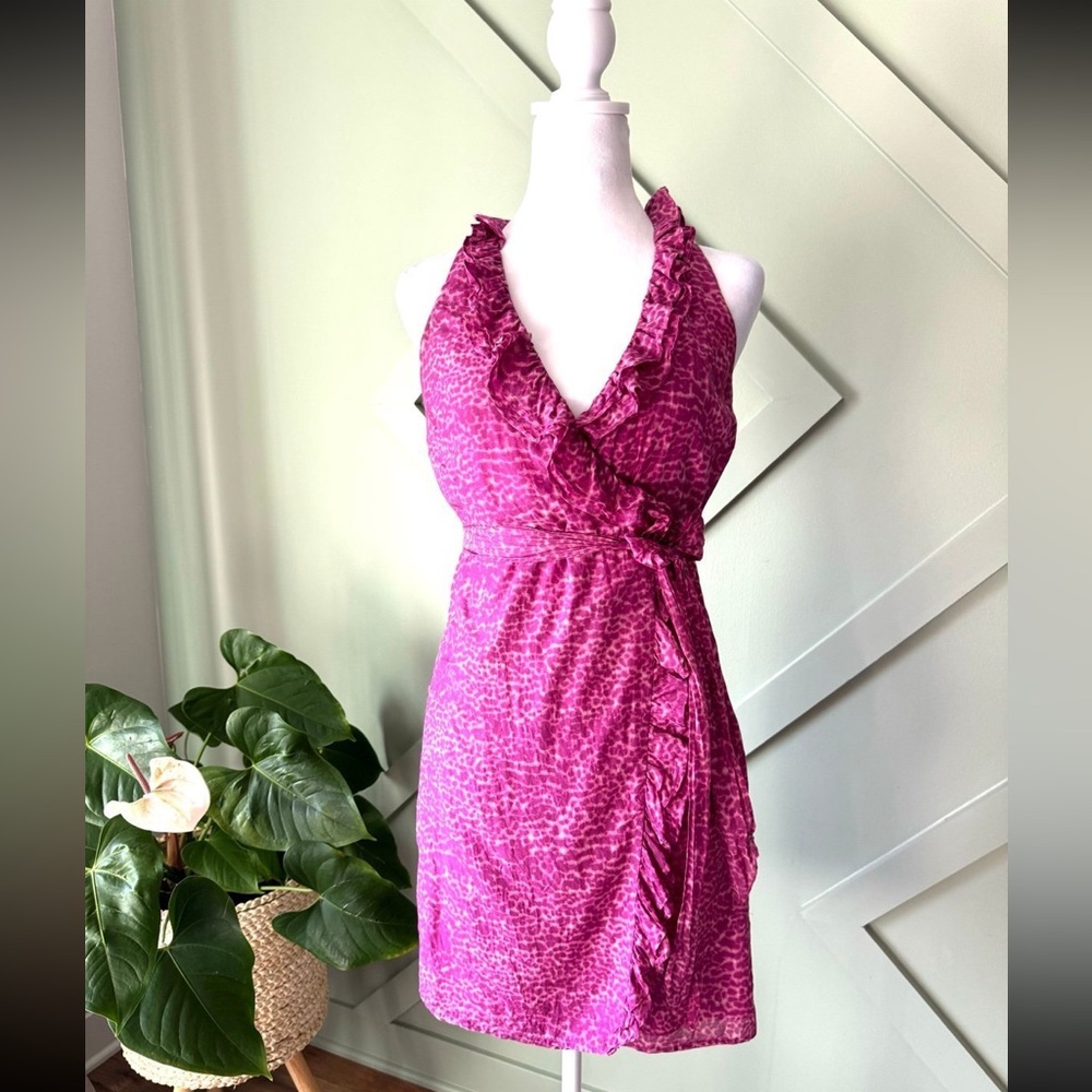 LOFT PURPLE LEOPARD CHEETAH SLEEVELESS RUFFLE COTTON SILK LINED WRAP DRESS 2